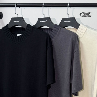 BK男装春夏新款305G编织毛衣领纯色短袖半高领复古宽松纯棉t恤男