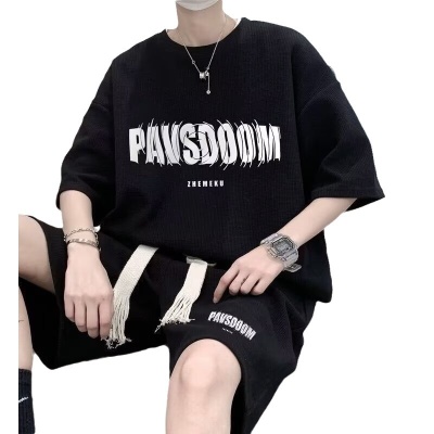 华夫格短袖短裤套装男夏季美式复古运动服大码男装搭配休闲两件套