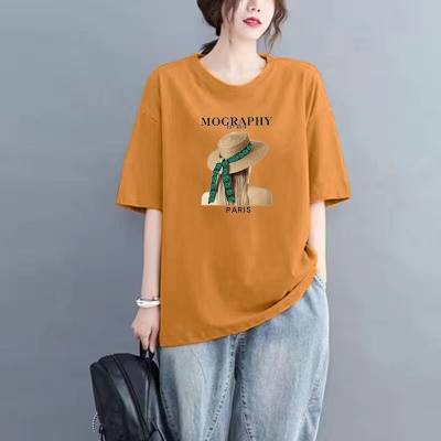 高档舒适女士t恤中长款短袖T恤100%纯棉夏季通勤百搭大码洋气上衣