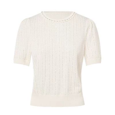 拉珂D高端女装商场同款法式针织T恤高级感夏季新款圆领钉珠针织衫