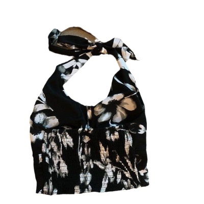 花朵挂脖吊带背心女夏季新款小众性感v领显瘦外穿露背系带ins上衣