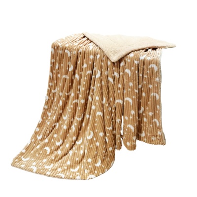 跨境新款星月抽条羊羔绒双层毛毯法兰绒毯子办公室午睡盖毯空调被