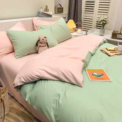 厂家批发撞色磨毛纯色床上用品四件套 简约三件套被套一件代发