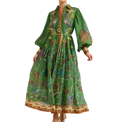 2025跨境新款欧美女装亚马逊复古灯笼袖印花长袖百褶欧美连衣裙女