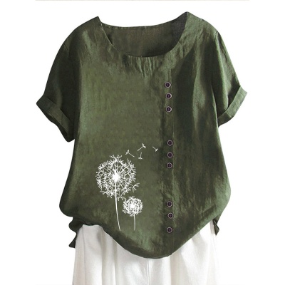 欧美外贸女装亚马逊纽扣短袖印花休闲街头装 圆领常规棉麻上衣T恤