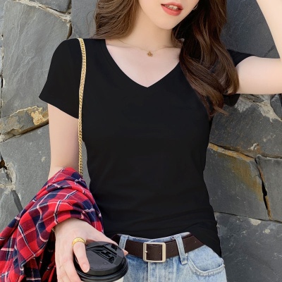 批发修身短袖t恤女v领黑色上衣女鸡心领夏季2024年新款设计感夏装