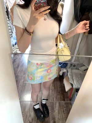 【裙子+上衣】韩系白色正肩短袖显瘦T恤小碎花半身裙女高腰A字裙