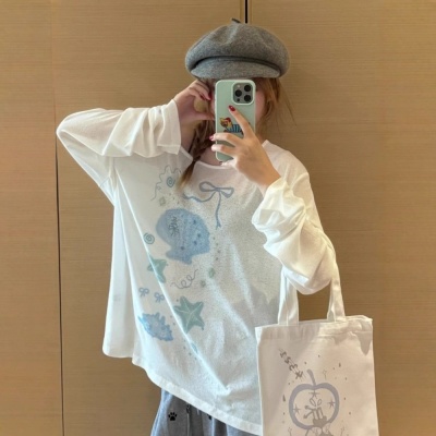 小众印花长袖防晒罩衫T恤女夏季设计感个性可爱宽松百搭薄款上衣