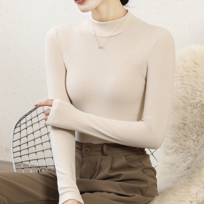 女士打底衫半高领保暖上衣内搭磨绒加厚纯色长袖t恤体恤女装
