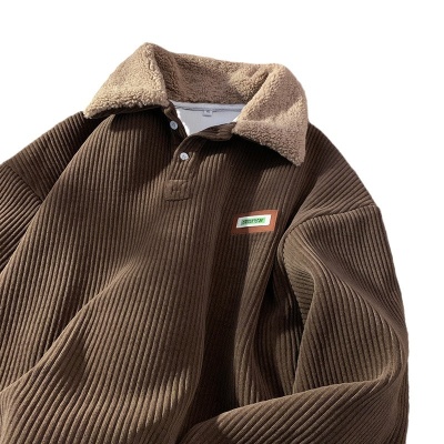 灯芯绒Polo领卫衣男款秋冬款加绒加厚羊羔毛外套情侣冬季港风青少