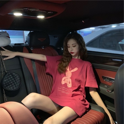 一件代发女装批发2025夏季新款短袖t恤女夏学生宽松粉色印花上衣