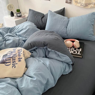 南通ins风裸睡纯棉四件套A类水洗棉纯色双拼被套床笠款宿舍三件套