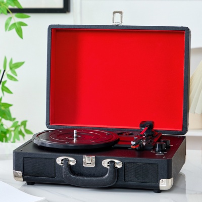 新款皮箱黑胶唱片机便携式手提木质复古留声机时尚家用电唱机音箱
