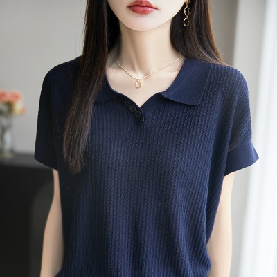 莱赛尔天丝POLO领短袖女宽松休闲t恤衫半袖透气薄款法式女装上衣