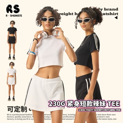 RS女装|跨境潮牌撞色女款短袖TEE辣妹短款t恤230G复古美式女士t恤