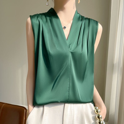 缎面仿真丝v领吊带背心女夏季西装内搭无袖衬衣挂脖纯色上衣批代