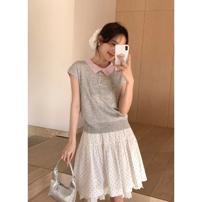 衣尔衫 miu风 氛围感撞polo领针织衫女麻花显瘦百搭短袖气质0341