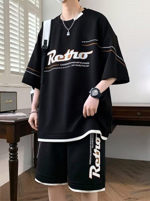 夏季新款休闲运动套装男生港风宽松搭配潮流帅气短袖短裤两件套装