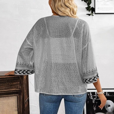 2025春夏欧美跨境亚马逊独立站wish新款女装优雅印花喇叭袖开襟衫