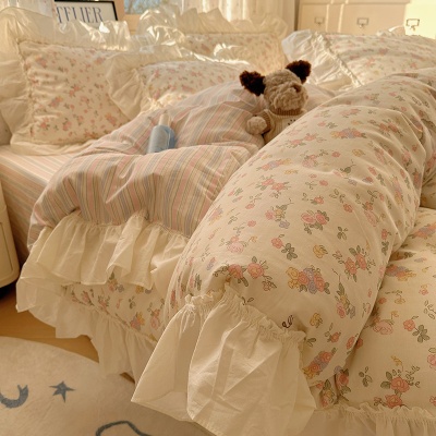 法式全棉床上四件套韩版花边纯棉被套床单被罩三件套南通家纺床品