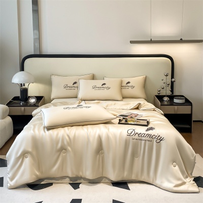 凉感真丝刺绣夏被四件套轻奢风可水洗空调被透气亲肤撞色滚边套件