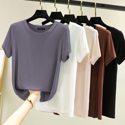 薄款简约莫代尔圆领短袖T恤女夏大码内搭打底衫百搭纯色外穿上衣