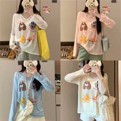 罩衫女夏薄款松弛感小狗印花T恤女防晒罩衫2025夏季薄款打底上衣