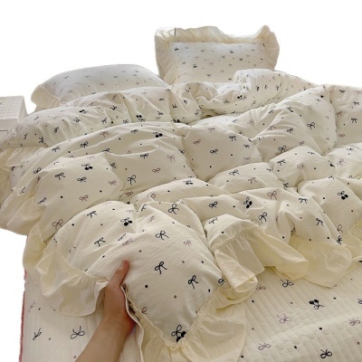 法式公主风皱皱纱床盖四件套复古格子荷叶花边被套夹棉床盖三件套