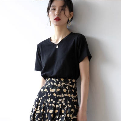 纯棉V领短袖T恤女内搭2024年春夏季新款220g正肩打底白色半袖上衣