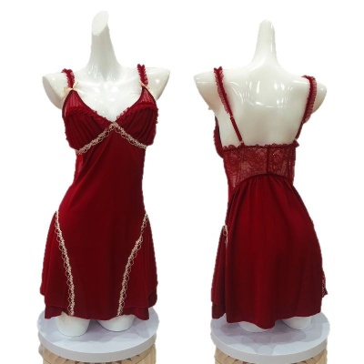 唯美纱木耳花边吊带睡裙家居性感睡裙套装缎面拼纱透气纯欲睡衣