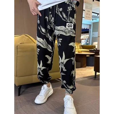 2023夏季男士新款冰丝印花休闲开叉九分裤网红青年痞帅宽松哈伦裤