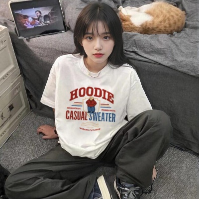 夏季新款短袖t恤女纯棉宽松韩版ins女装百搭卡通印花内搭半袖上衣