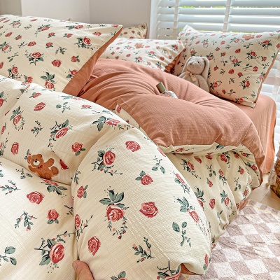 A类超柔提花有氧小竺棉双层纱四件套轻奢母婴级小碎花三件套批发