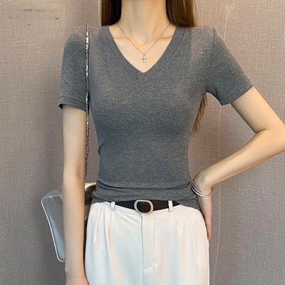 纯色螺纹V领短袖t恤女春夏2025年新款低领修身打底衫百搭显瘦上衣
