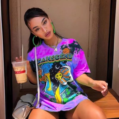 外贸夏独立站Wish亚马逊新款女装 涂鸦印花圆领短袖宽松型上衣t恤