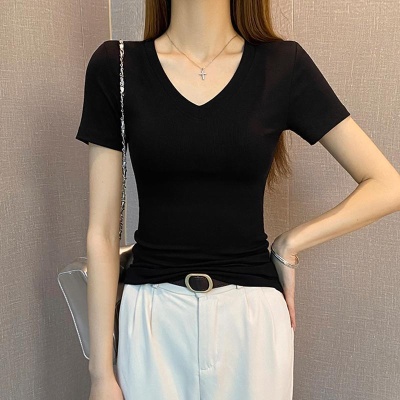 纯色螺纹V领短袖t恤女春夏2025年新款低领修身打底衫百搭显瘦上衣
