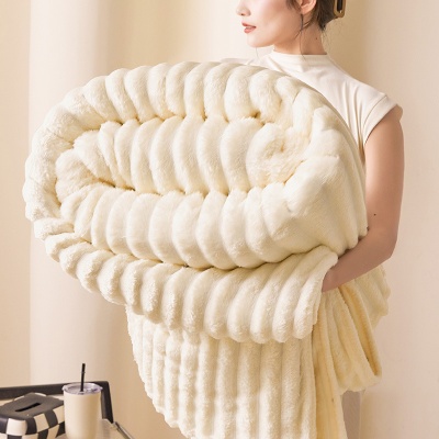 新款兔兔绒毛抽条毛毯双面绒多功能休闲毯办公室午休盖毯跨境专供