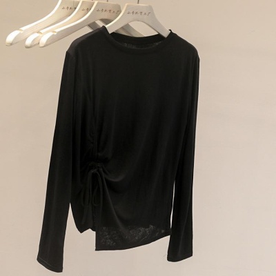 韩系小姐姐!轻薄凉感竹节棉抽绳长袖T恤女简约纯色防晒罩衫潮