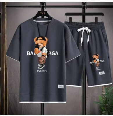 华夫格短袖t恤男士休闲运动套装批发夏季宽松假两件半袖T恤两件套