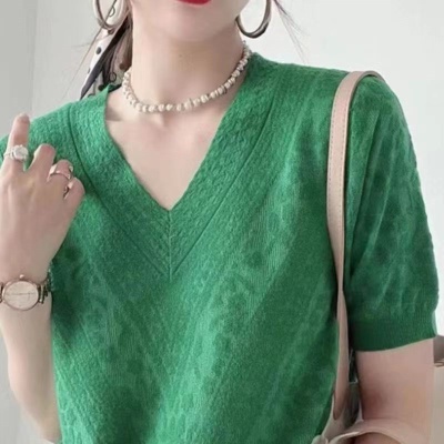 欧货设计感V领针织T恤女2024春夏新款百搭宽松时尚显瘦短袖针织衫