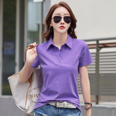 夏季2025新款翻领短袖T恤女装纯棉韩版宽松纽扣Polo衫紫色外货源