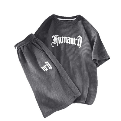 华夫格休闲运动套装男士宽松透气T恤上衣春夏秋季冰丝凉感短袖