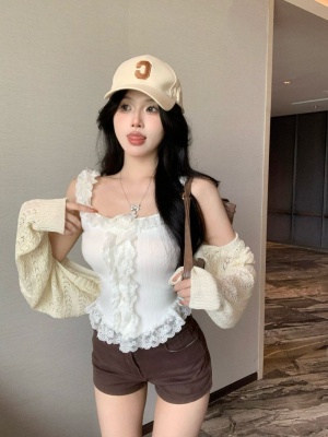 气质辣妹白色吊带女夏季新款外穿蕾丝花边性感背心短款无袖上衣潮