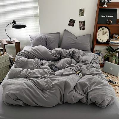 A类水洗棉可裸睡床上四件套纯色亚麻被套床单床笠学生宿舍三件套