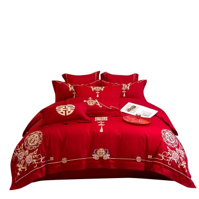 批发大红色婚庆四件套中式婚嫁新婚刺绣被套婚房结婚陪嫁床上用品