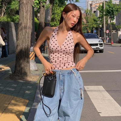 2025夏季女装新款辣妹性感黑色波点印花百搭露背V领挂脖紧身背心