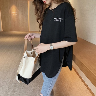 白色开叉T恤女大码中袖中长款潮流字母夏季简约圆领套头上衣女潮