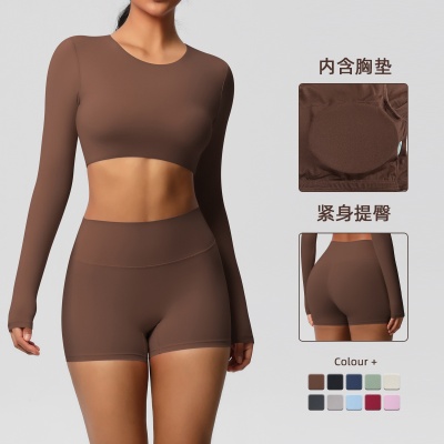 现货跨境双面磨毛紧身透气纯色训练瑜伽服八件套运动跑步健身服女