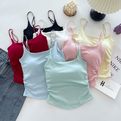 纯欲风甜辣设计感褶皱吊带背心女带胸垫一体杯内搭外穿美背上衣女