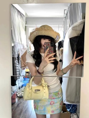 【裙子+上衣】韩系白色正肩短袖显瘦T恤小碎花半身裙女高腰A字裙